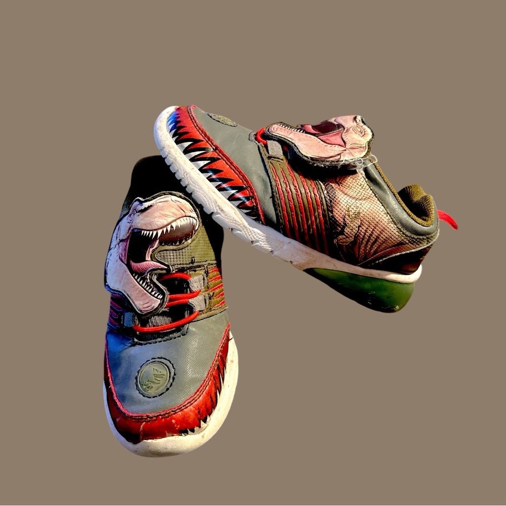 Dinosaur 🦖 Gray and Red Artistic Sneakers with Dynamic Design
